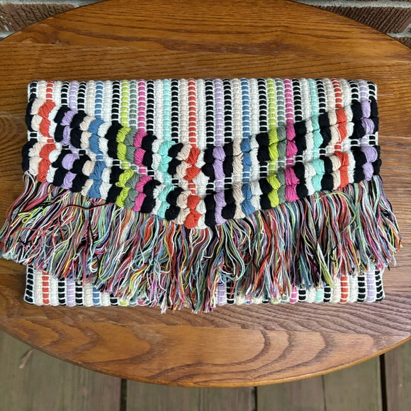 Stella & Dot Handbags - Stella & Dot Taj Clutch Boho Chic Fringe Rug Satchel Wallet Purse Rainbow